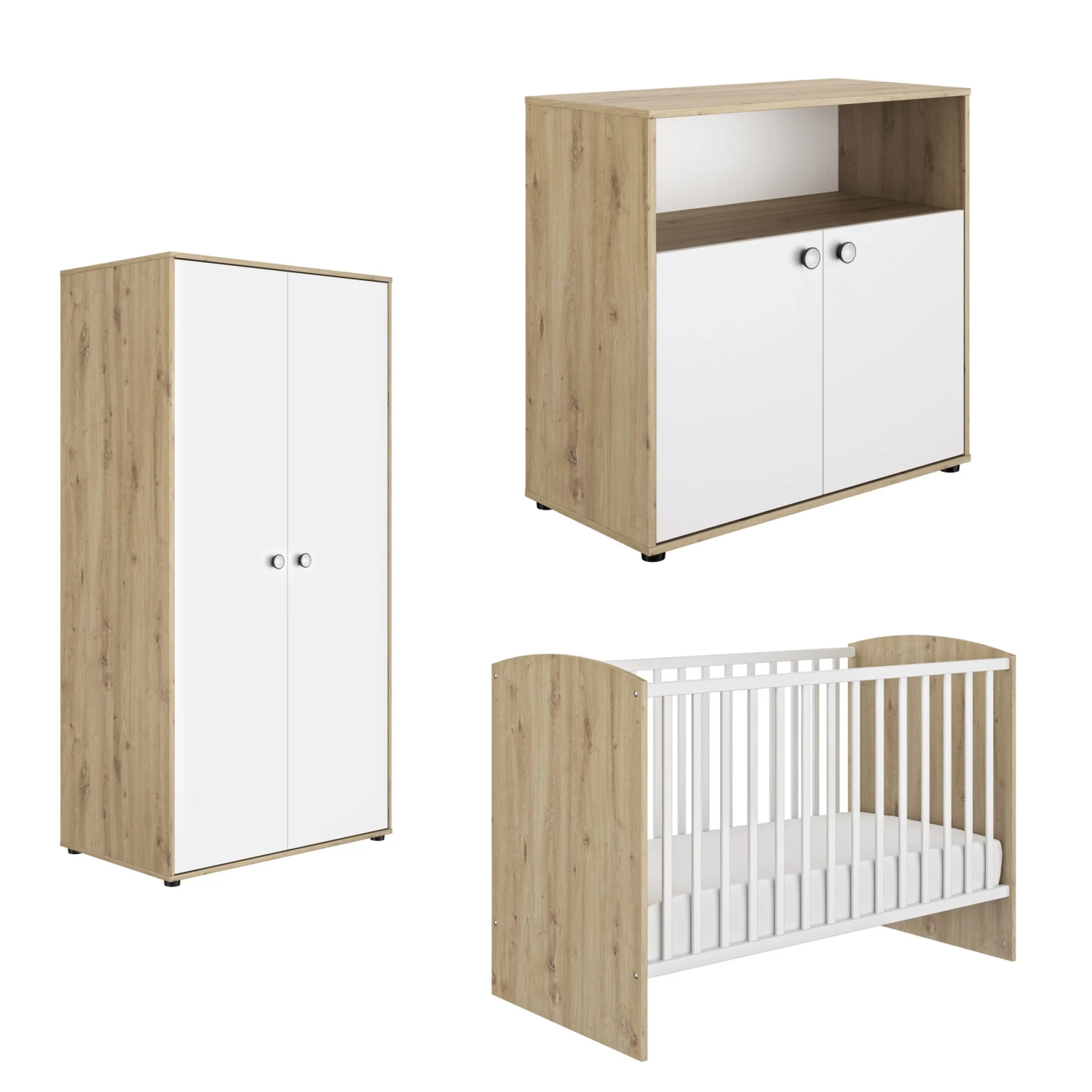 Trio Chambre Arthur : Lit + Commode + Armoire Blanc/Chêne De Galipette